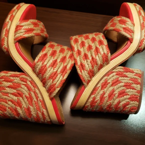 Tory Burch Women's Size 8.5 Lola Woven Jute Lthr Red Crm Platfrom Slide Sandals - Picture 4 of 14
